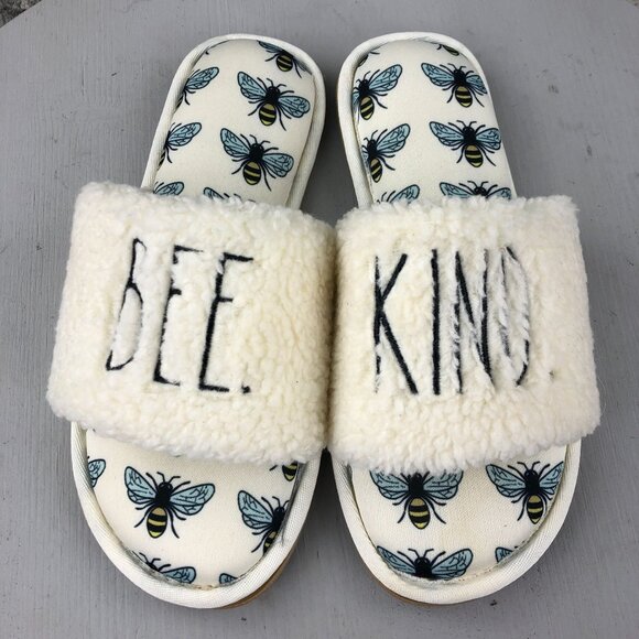 Rae Dunn Women's Size SMALL White Bee Kind Open Toe Slip On Flat House Slippers - Picture 3 of 11